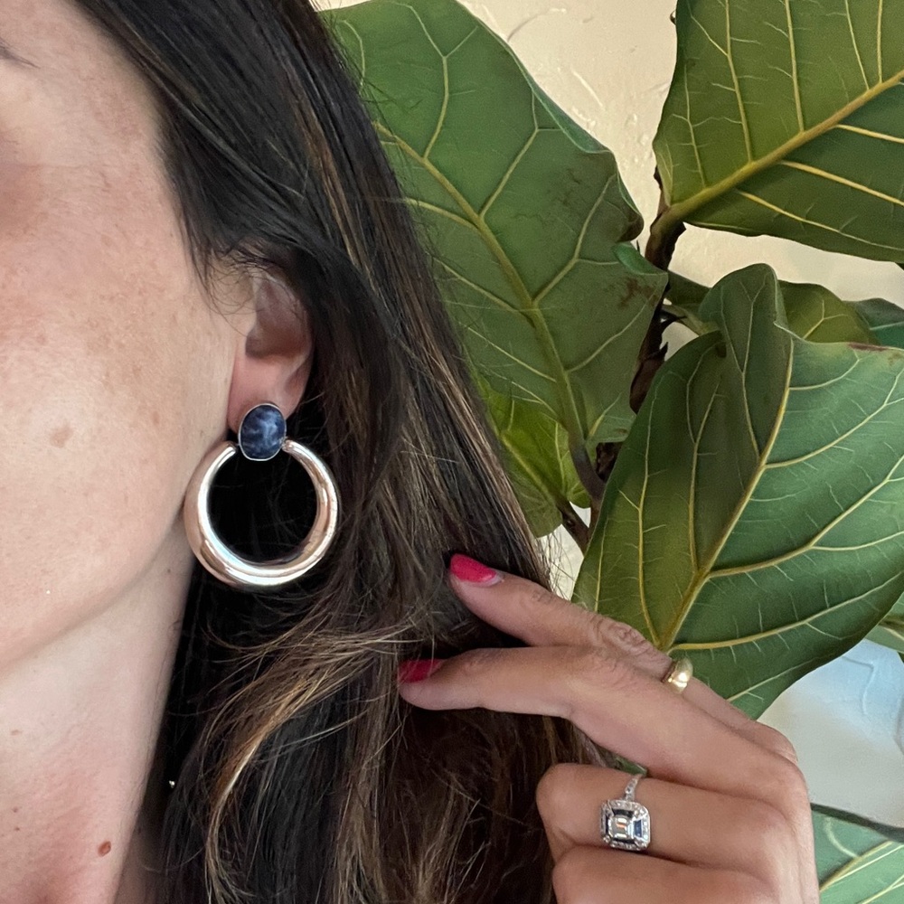 Vintage sterling silver and lapis Hoop Earrings - Picture 4 of 4